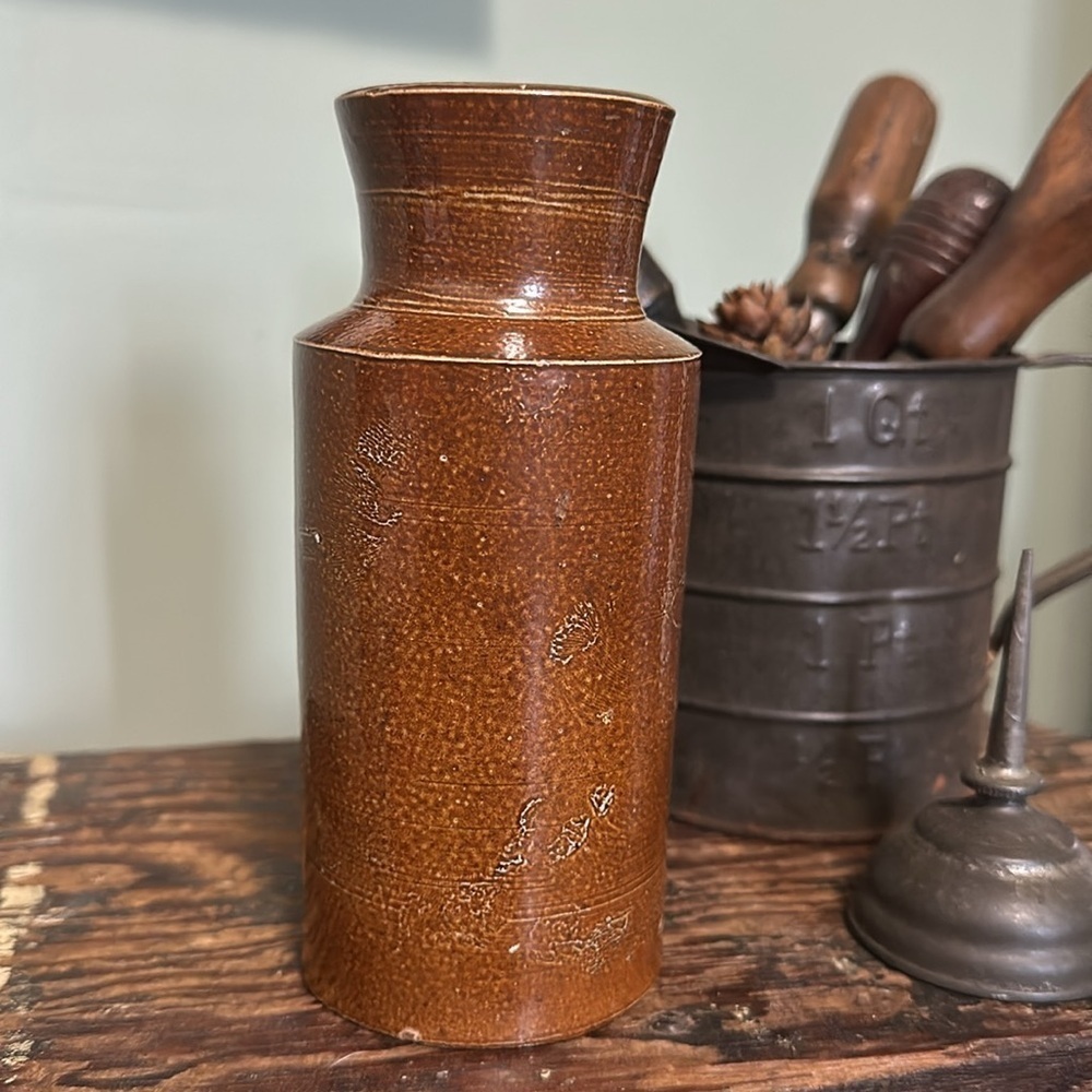 VINTAGE Antique Brown Salt Glazed Stoneware Pottery Inkwell Bottle